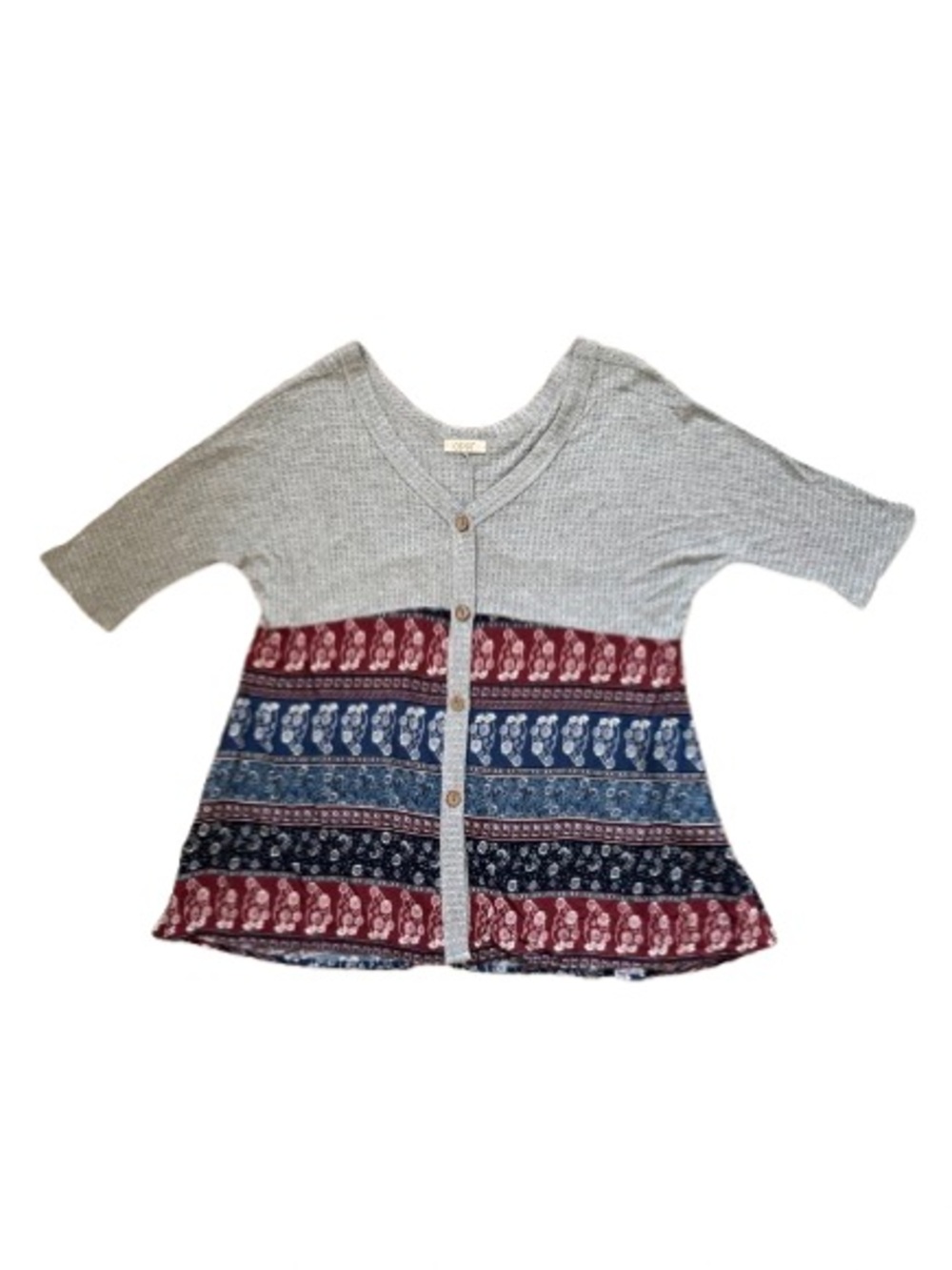 146 Oddi Patchwork Knit Short Sleeve Button Front Cardigan Top